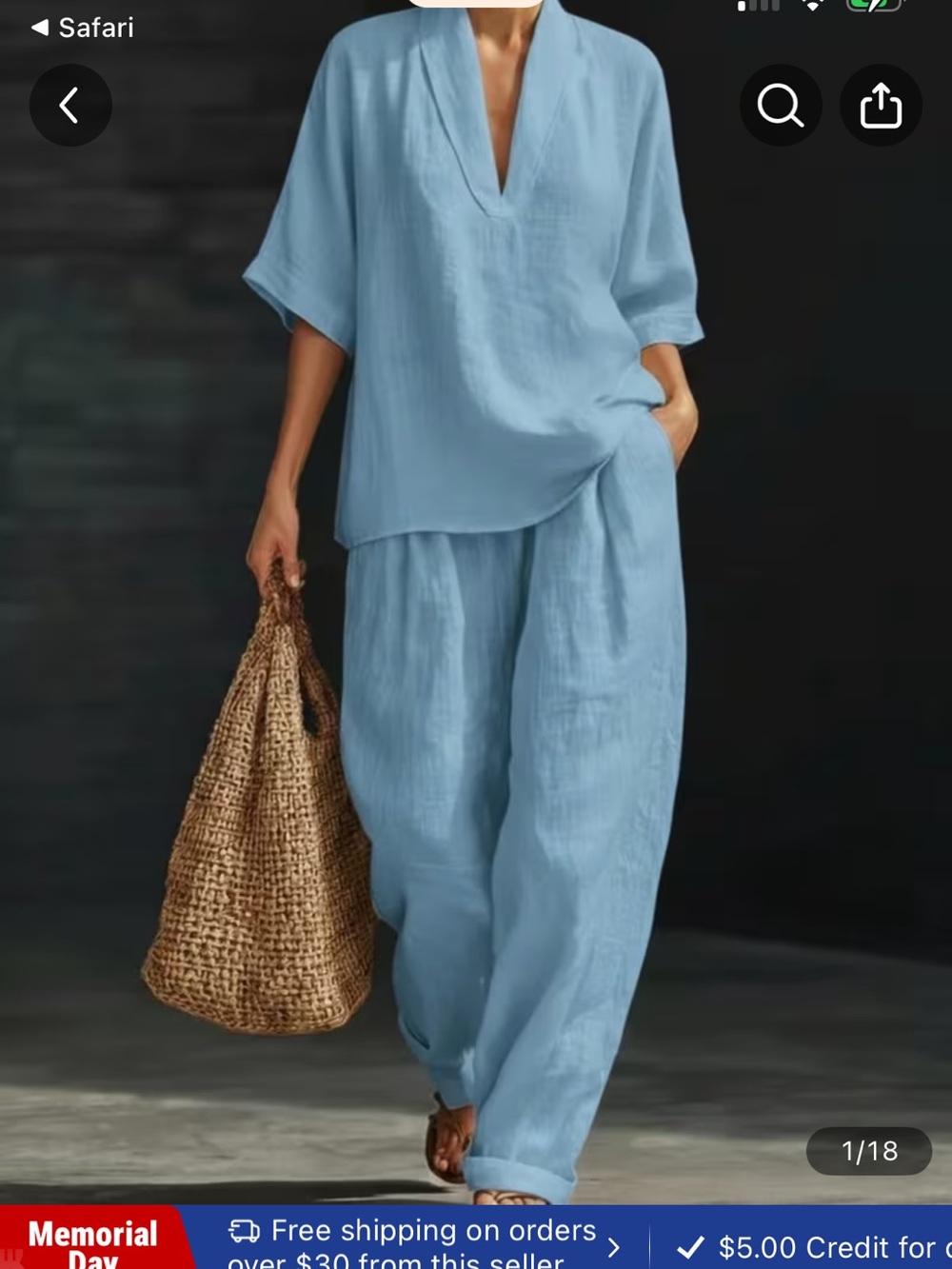 Pale Blue EZCARE Woven polyester Blouse/Pants Pockets Cuffs Set P2P 26”X 29”L/XL